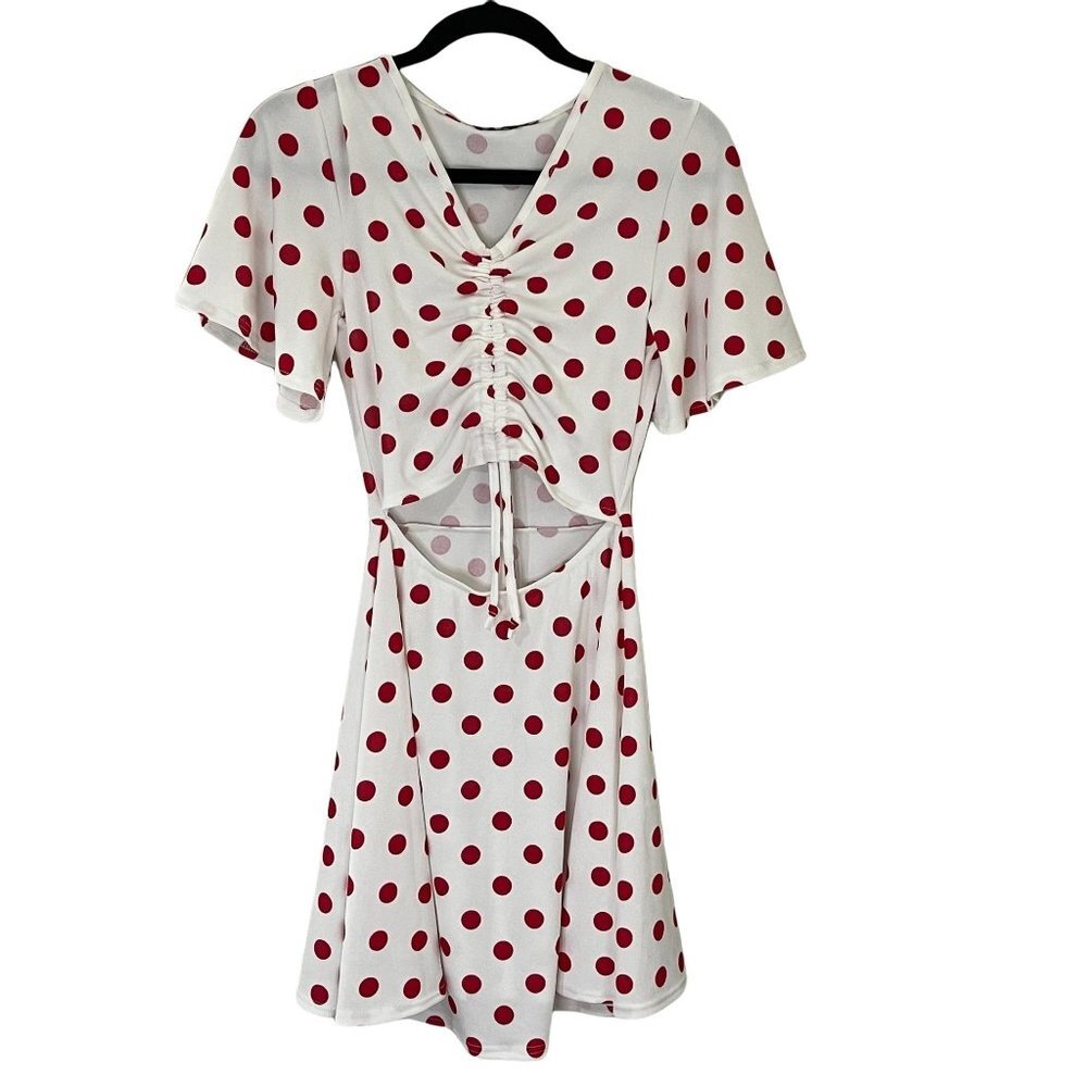 Pretty Little Thing Red Polka dot Cut out Ruched Detail Swing Dress Size 2